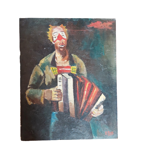 Peinture sur carton : clown à l'accordéon.